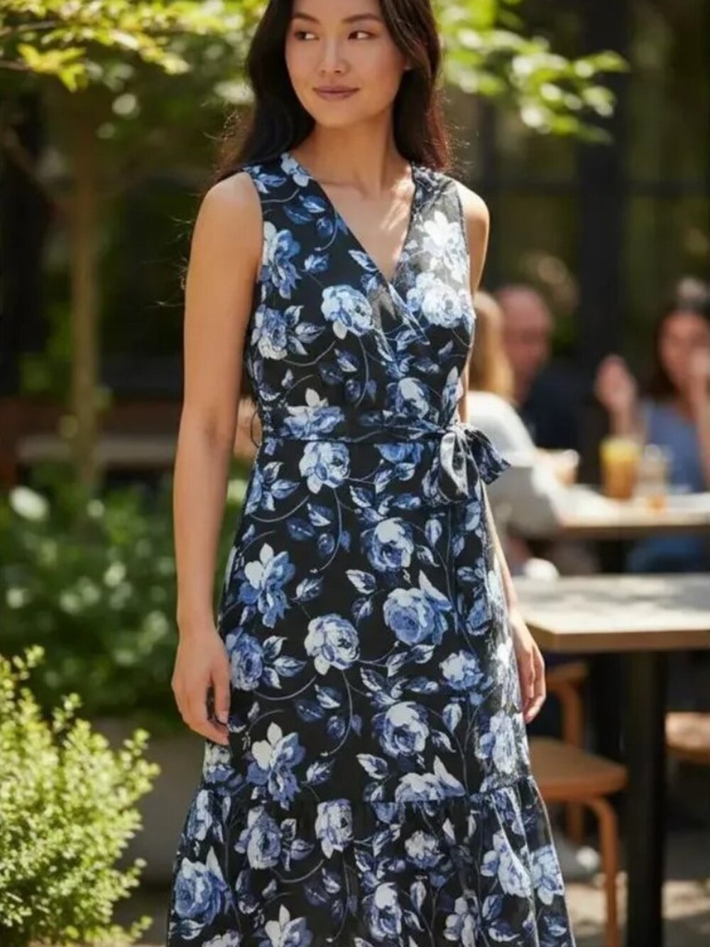 a new day Blue Floral Sleeveless Surplice Tie Waist Midi Dress, size XS